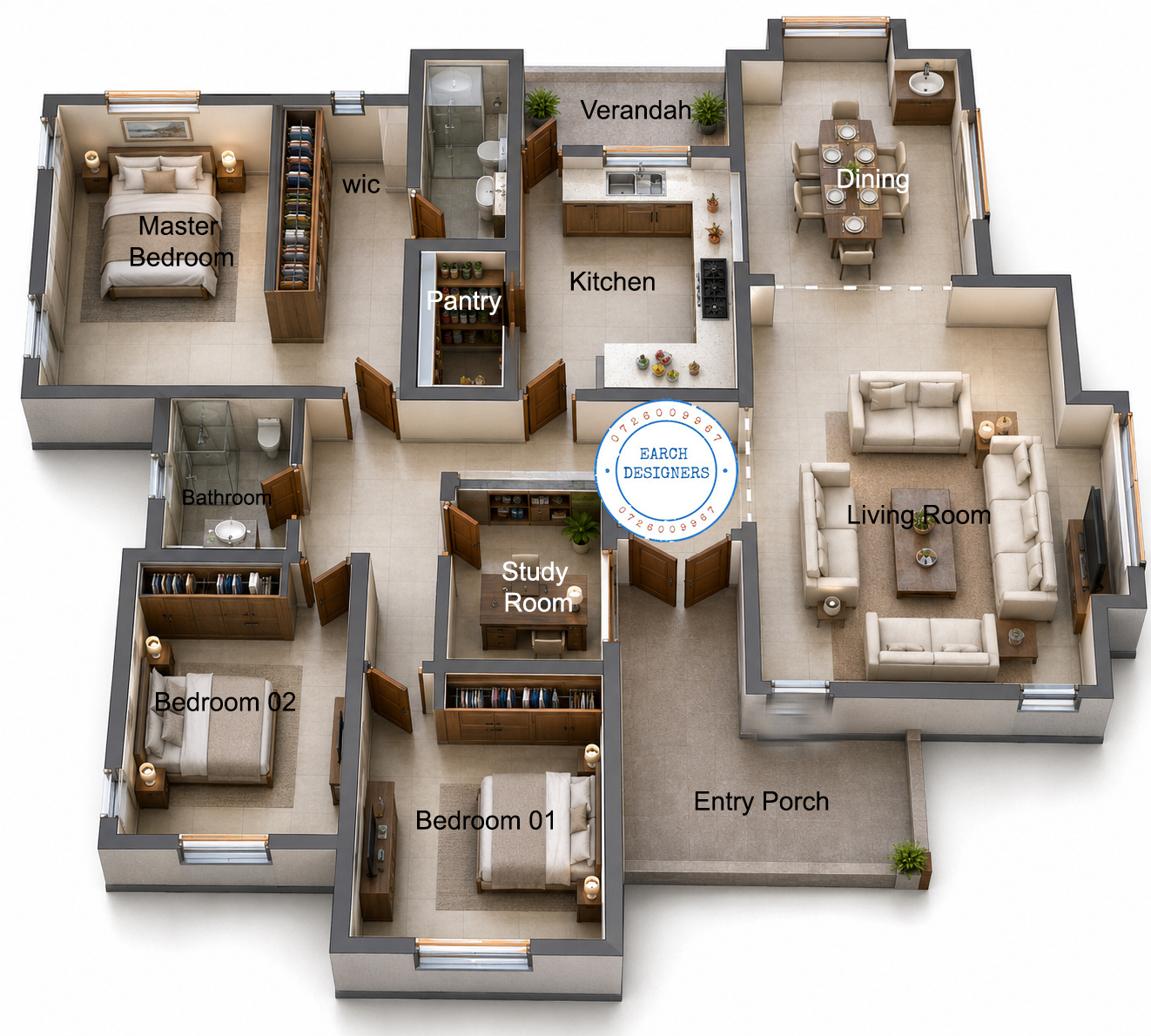 3 bedroom bungalow with a study room