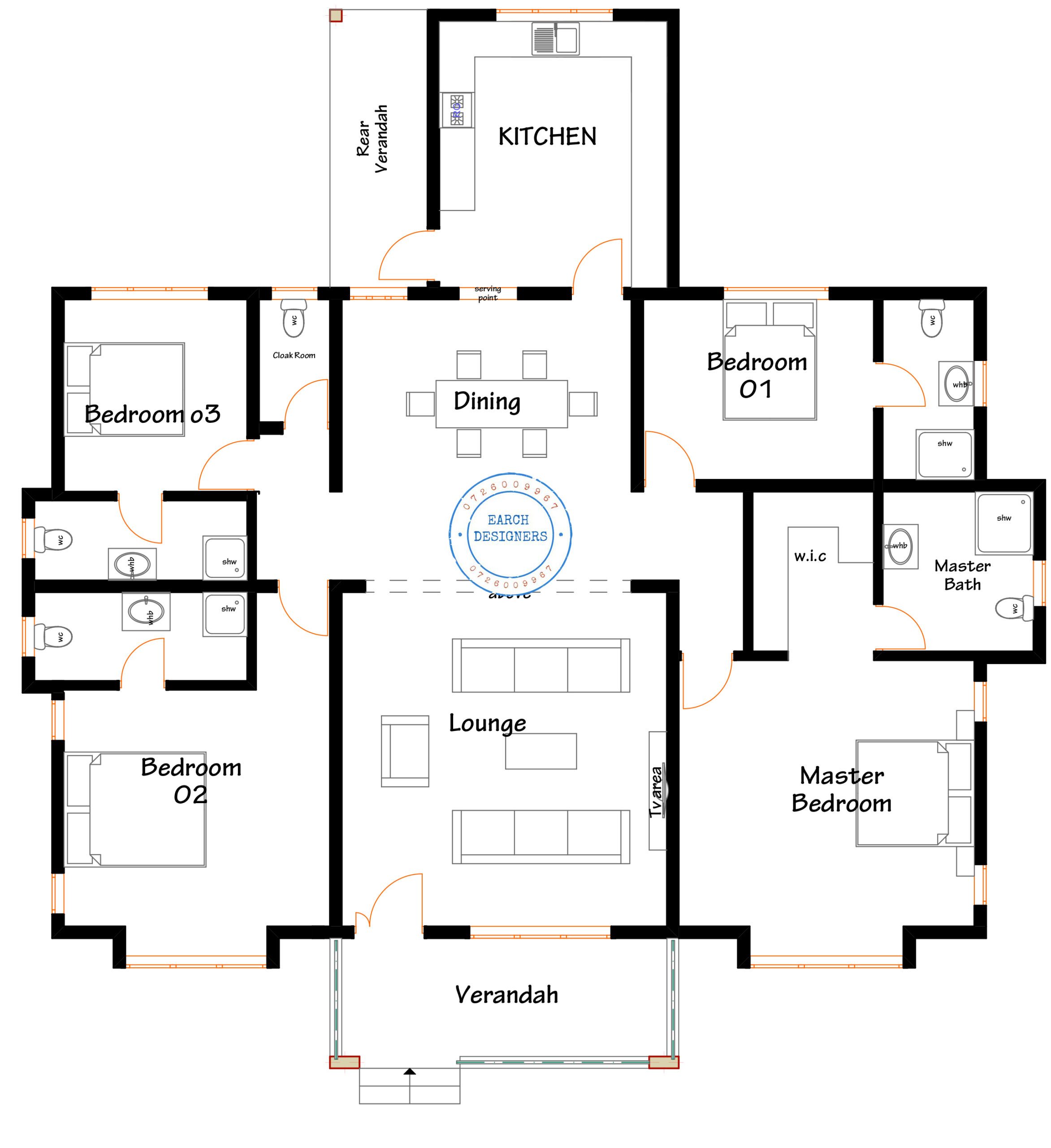 4 Bedroom Bungalow floor plan with measurement